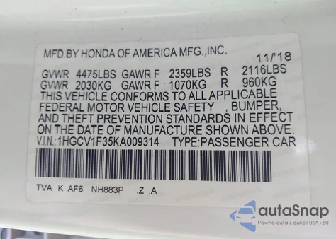 2019 Honda Accord Sport from USA, damaged, VIN 1HGCV1F35KA009314